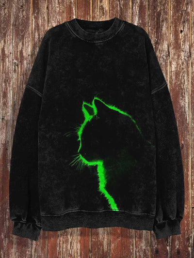 Unisex Lighting Cat Print Halloween Crew Neck Casual Sweatshirt