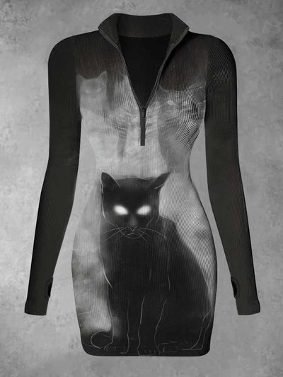 Women's Cat And Ghost Abstract Print Casual Long Sleeve Mini Dress