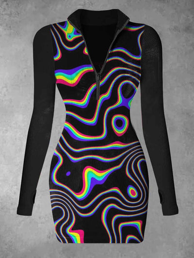 Women's Colorful Line Abstract Print Casual Long Sleeve Mini Dress