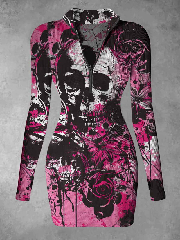 Women's Rose And Skull Abstract Print Casual Long Sleeve Mini Dress