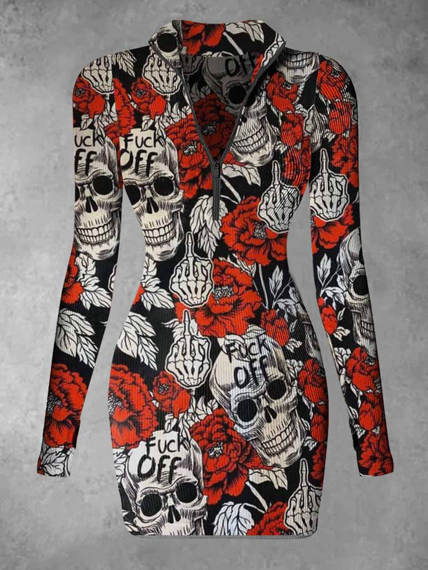 Women's Cool Skull Abstract Print Casual Long Sleeve Mini Dress