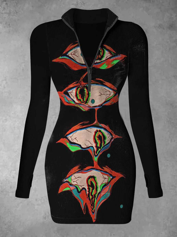 Women'sMonster Eyes Abstract Print Casual Long Sleeve Mini Dress