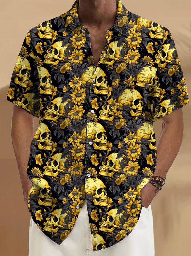 Gentleman Vintage Halloween Skull Sunflower Art Print Pocket Shirt