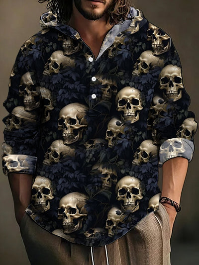 Gentleman Vintage Halloween Skull Art Print Hooded Long Sleeve Shirt