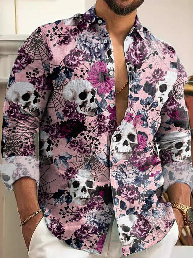 Gentleman Vintage Pink Skull Floral Art Print Long Sleeve Shirt