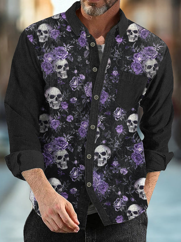 Gentleman Vintage Skull Floral Print Fall And Winter Corduroy Shirt