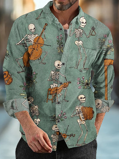 Gentleman Vintage Skeleton Playing Cello Printed Corduroy Long Sleeve Pocket Shirt