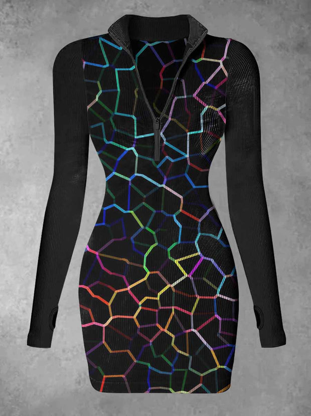 Women's Colorful Block Abstract Print Casual Long Sleeve Mini Dress