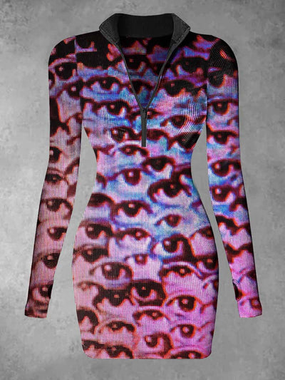 Women's Horror Eyes Abstract Print Casual Long Sleeve Mini Dress