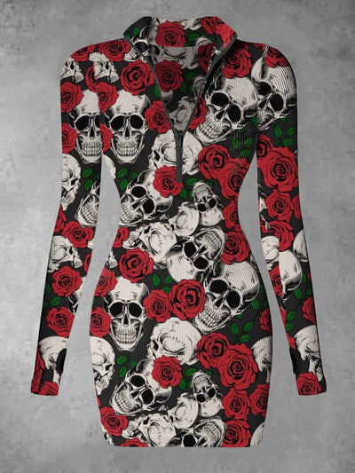 Women's Skull And Rose Print Casual Long Sleeve Mini Dress