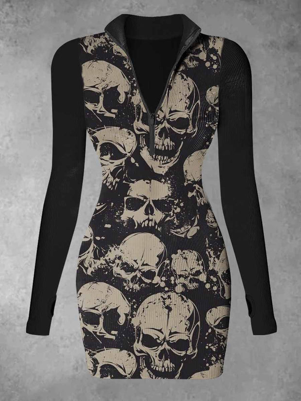 Women's Skull Abstract Print Casual Long Sleeve Mini Dress