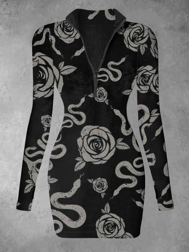 Women's Snake And Rose Abstract Print Casual Long Sleeve Mini Dress