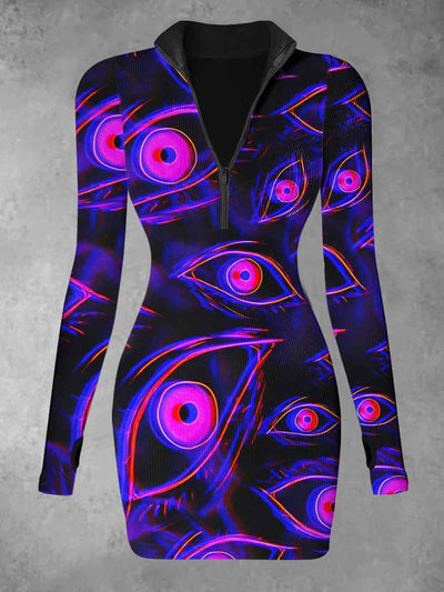 Women's 3D Magic Eyes Abstract Print Casual Long Sleeve Mini Dress