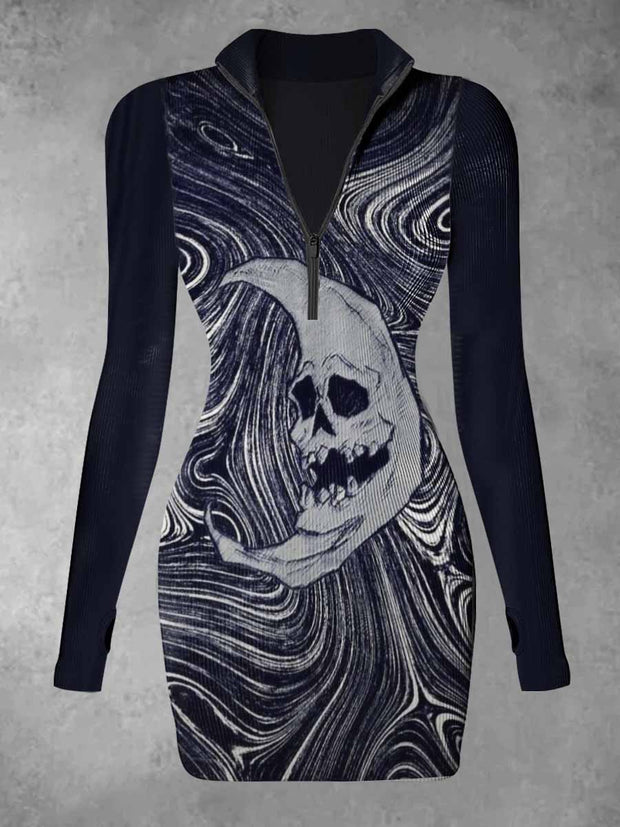 Women's Halloween Moon Abstract Print Casual Long Sleeve Mini Dress