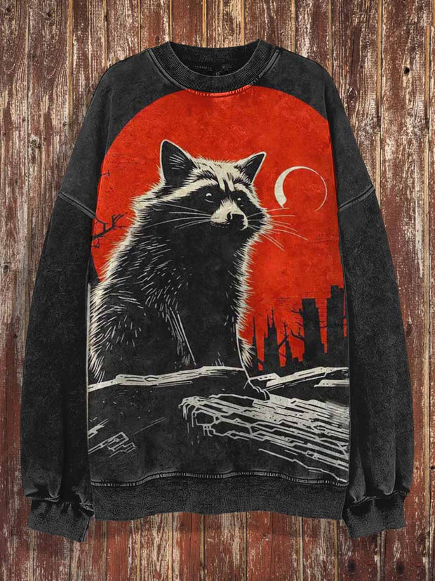 Unisex Fantasy Raccoon Print Halloween Crew Neck Casual Sweatshirt