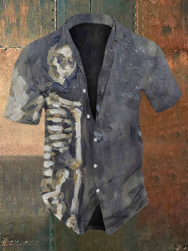 Men's Retro Dark Style Skull Skeleton Print Casual Shirt