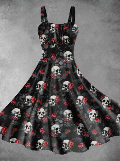 Women's Halloween Skull Floral Print Suspender Dress