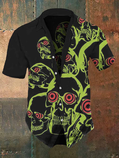 Men's Retro Dark Style Green Skull Print Casual Shirt