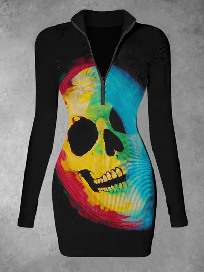 Women's Color Skull Abstract Print Casual Long Sleeve Mini Dress