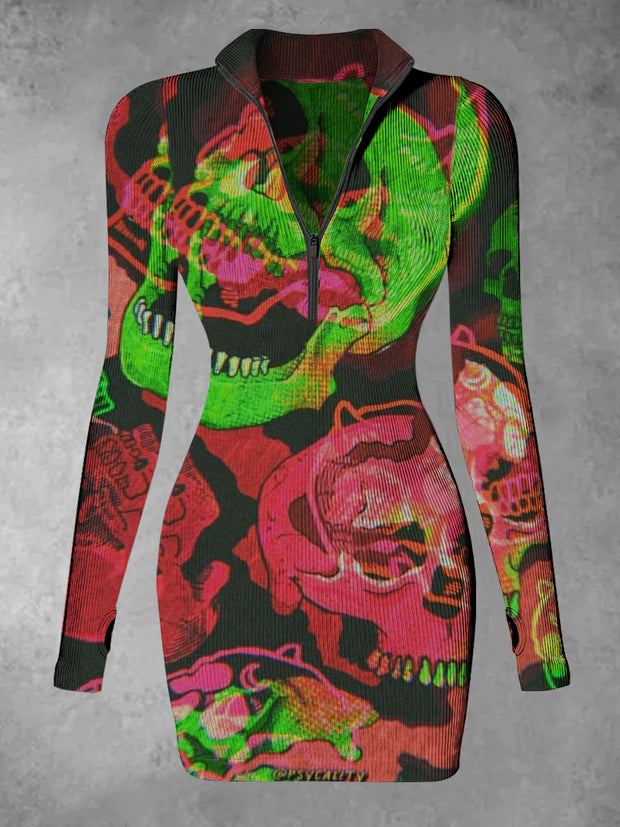 Women's Colorful Skull Abstract Print Casual Long Sleeve Mini Dress