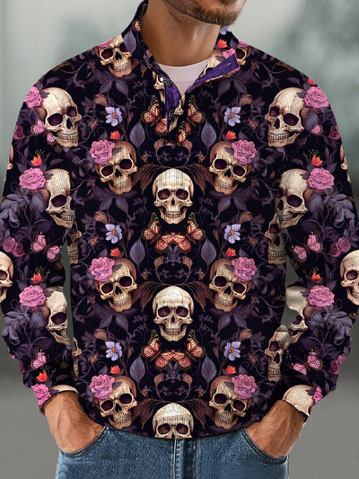 Gentleman Vintage Halloween Skull Art Print Corduroy Stand Up Sweatshirt