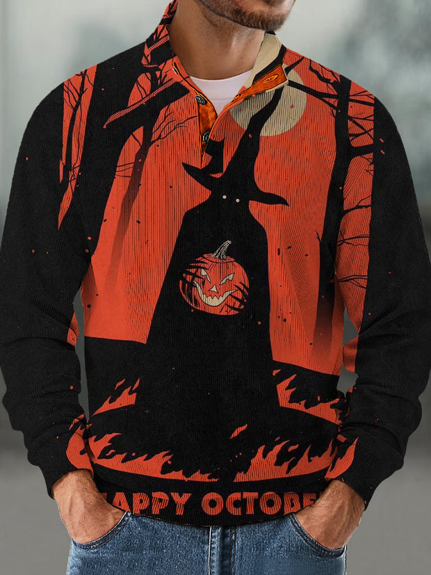 Gentleman Vintage Halloween Witch Pumpkin Art Print Corduroy Stand Up Sweatshirt