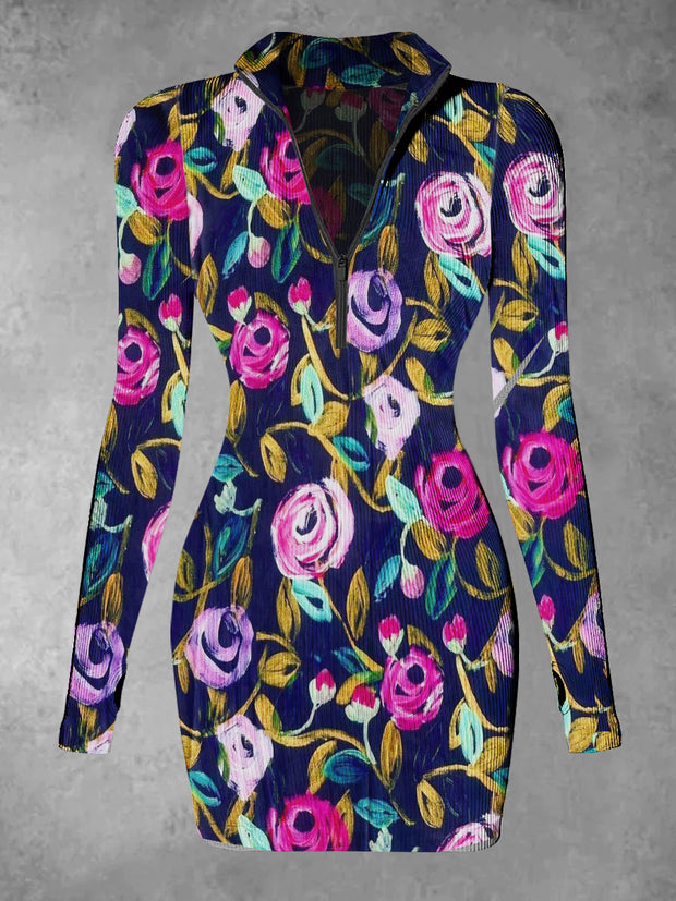 Women's Flower Abstract Print Casual Long Sleeve Mini Dress