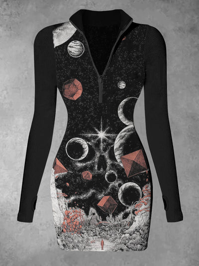 Women's Magic Moon Abstract Print Casual Long Sleeve Mini Dress