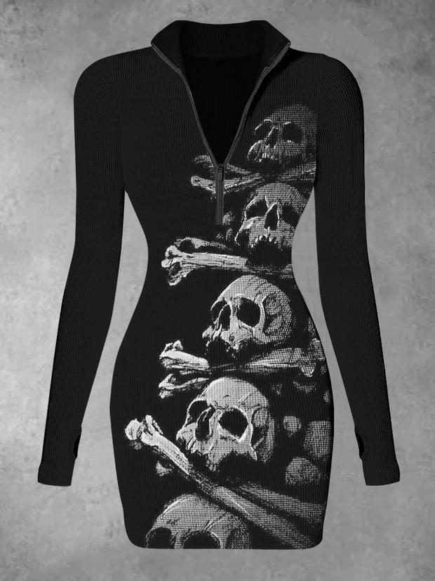 Women's Skull Abstract Print Casual Long Sleeve Mini Dress