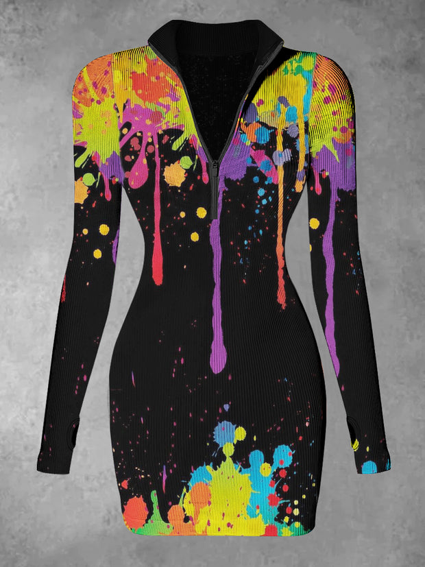 Women's  Colorful Graffiti Abstract Print Casual Long Sleeve Mini Dress