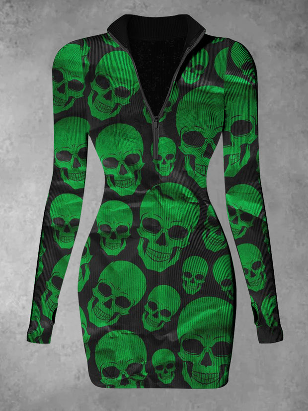 Women's Green Skull Abstract Print Casual Long Sleeve Mini Dress