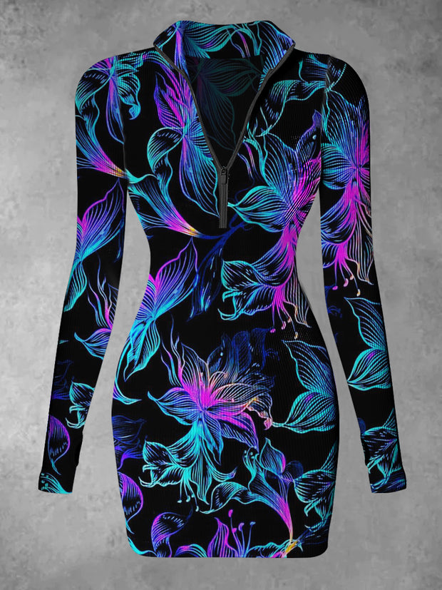 Women's Color Flower Abstract Print Casual Long Sleeve Mini Dress