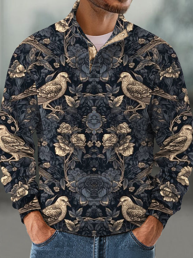 Gentleman Vintage Halloween Raven Floral Print Corduroy Stand Up Sweatshirt