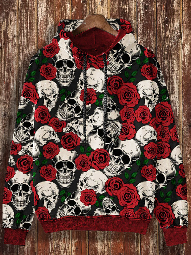 Unisex Skull And Rose Print Halloween Crew Neck Casual Hooded Sweatshirt