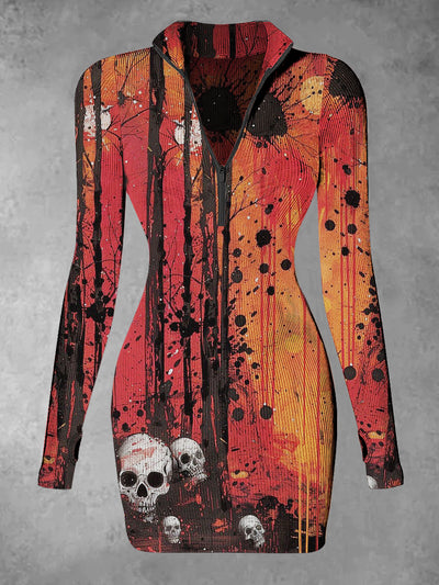 Women's Skull Abstract Print Casual Long Sleeve Mini Dress