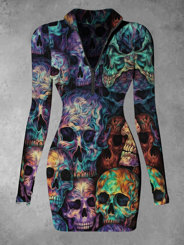 Women's Fantacy Skull Abstract Print Casual Long Sleeve Mini Dress