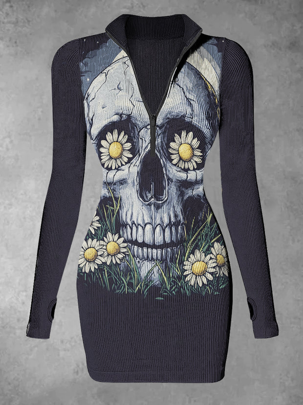 Women's Skull Flower Abstract Print Casual Long Sleeve Mini Dress