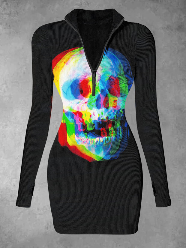 Women's Punk Skull Halloween Print Casual Long Sleeve Mini Dress