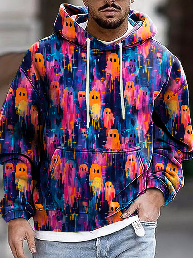 Men's Vintage Halloween Colorful Ghost Art Print Hooded Sweatshirt