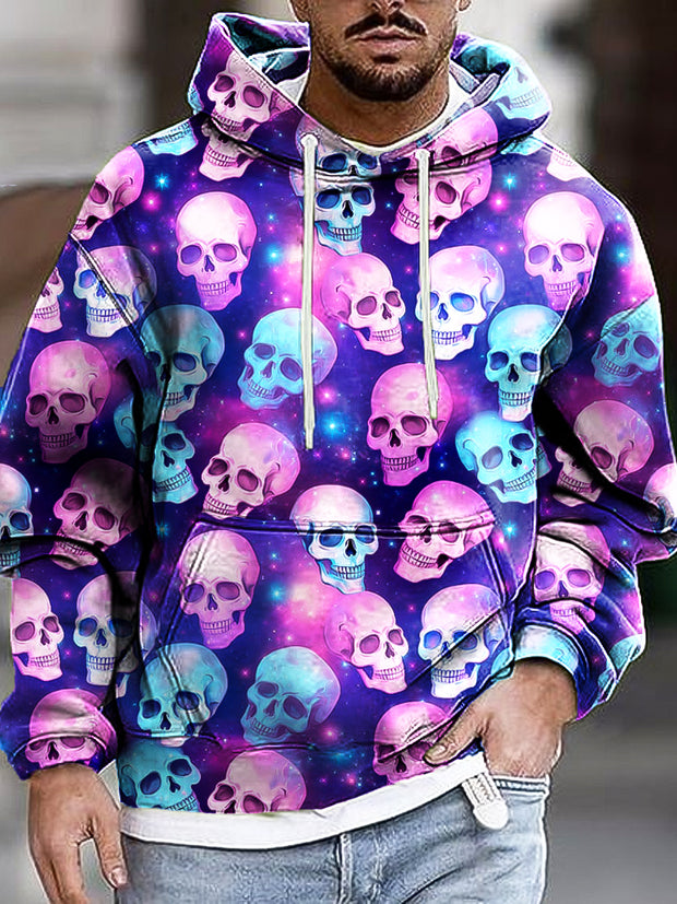 Men's Vintage Halloween Fluorescent Skull Art Print Hooded Sweatshirt