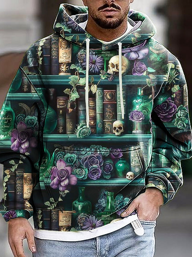 Men's Vintage Halloween Skull Bookcase Art Print Hooded Sweatshirt