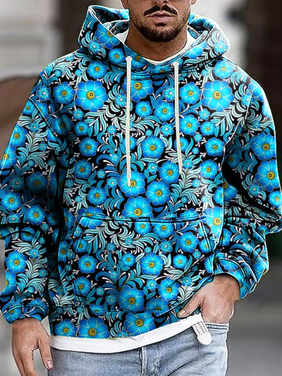 Men's Vintage Blue Floral Art Print Hooded Sweatshirt-1