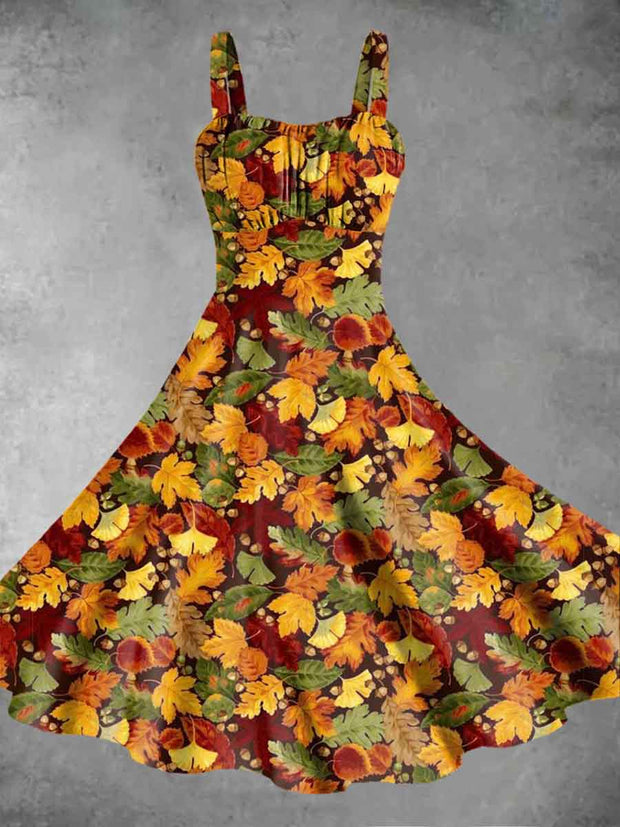 Women's Autumn Maple Leaf Printed Suspender Dress