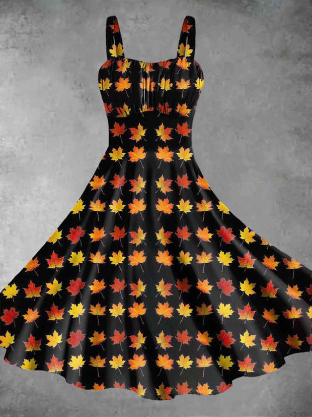 Women's Autumn Maple Leaf Printed Suspender Dress