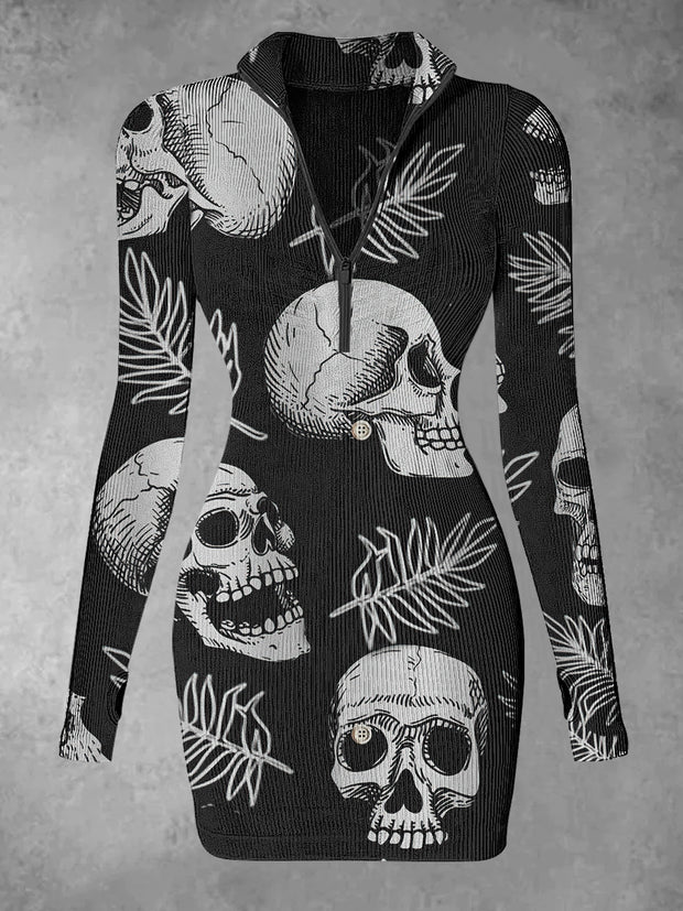 Women's Skull Abstract Print Casual Long Sleeve Mini Dress