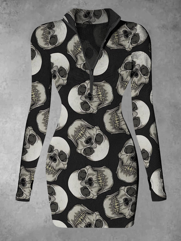 Women's Cartoon Skull Abstract Print Casual Long Sleeve Mini Dress