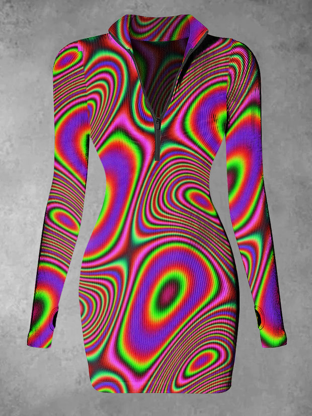 Women's Laser Line Abstract Print Casual Long Sleeve Mini Dress