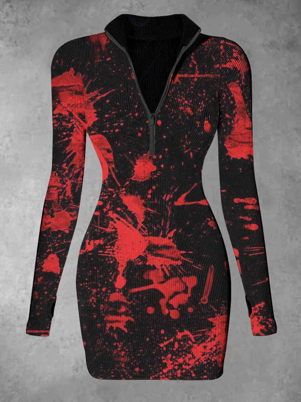 Women's Blood Abstract Print Casual Long Sleeve Mini Dress