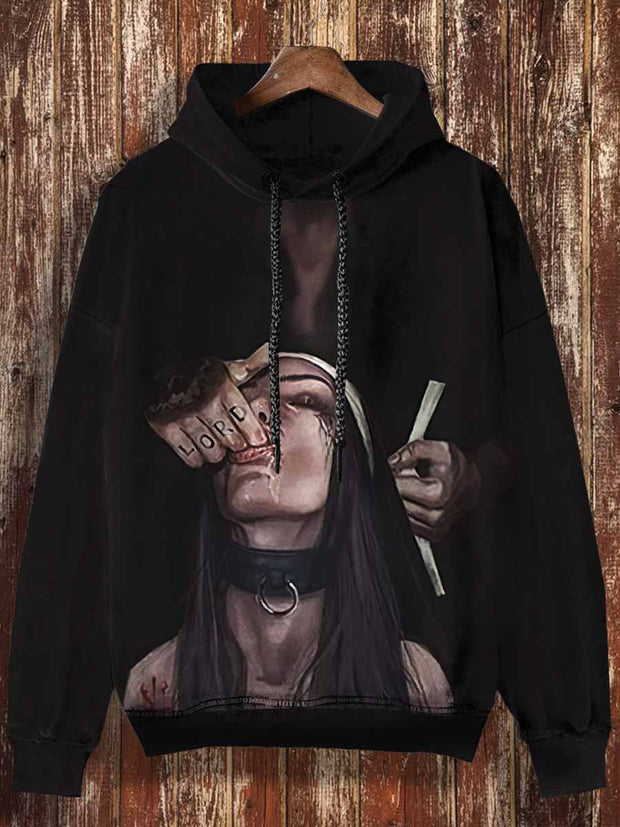 Unisex Bad Nun Print Halloween Casual Hooded Sweatshirt