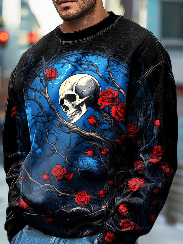 Gentleman Vintage Halloween Skull Rose Art Print Crew Neck Pullover Sweatshirt